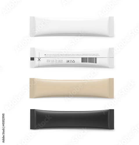 Set of realistic packaging stick mockup. Front and rear side. Vector illustration. It can be used for sugar, coffee, ketchup, powder, cosmetics and etc. EPS10.	