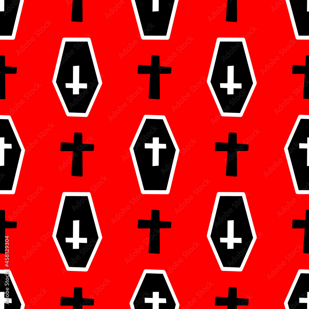 Obraz premium pattern with coffins and crosses on a red backdrop