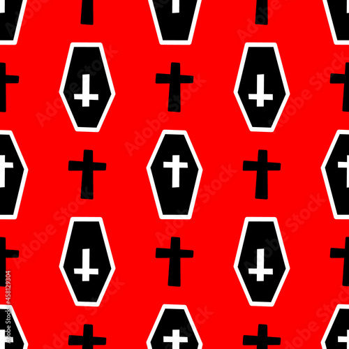 pattern with coffins and crosses on a red backdrop