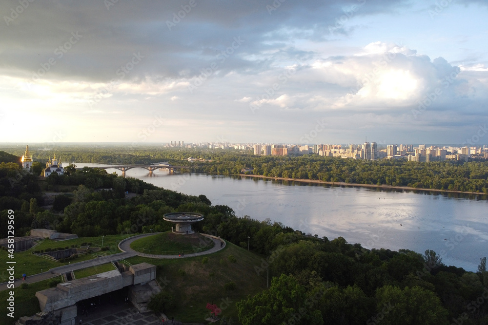 View of the road in the green city - Kiev. The photo shows the bridge View of the road in the green city - Kiev. The photo shows the bridge