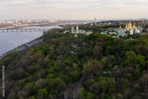 Church in the European city of Kiev - Kiev-Pechersk Lavra. Summer drone shooting