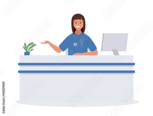 A doctor sitting at a desk and working at a computer in the office. Vector illustration.