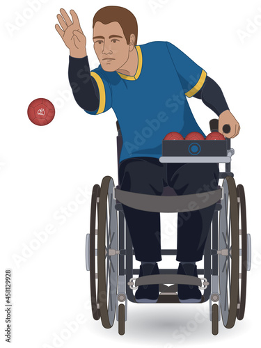 para sports paralympic boccia, physical disabled male athlete sitting in specialized wheelchair throwing boccia ball isolated on a white background