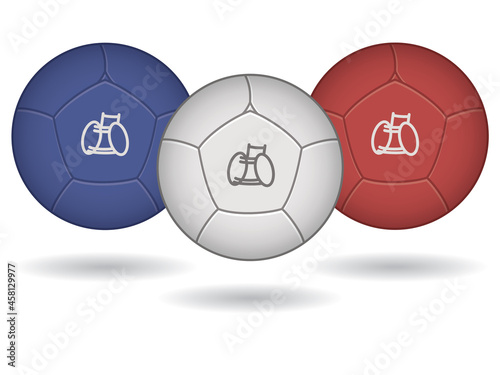 para sports paralympic boccia, two boccia balls red and blue including white target ball with wheelchair symbol 3D, isolated on a white background photo