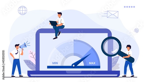 Website loading optimization Page speed and SEO Flat vector concept illustration Website speed Loading time Page optimization Speed test metering dial Slow loading of media content Signal quality