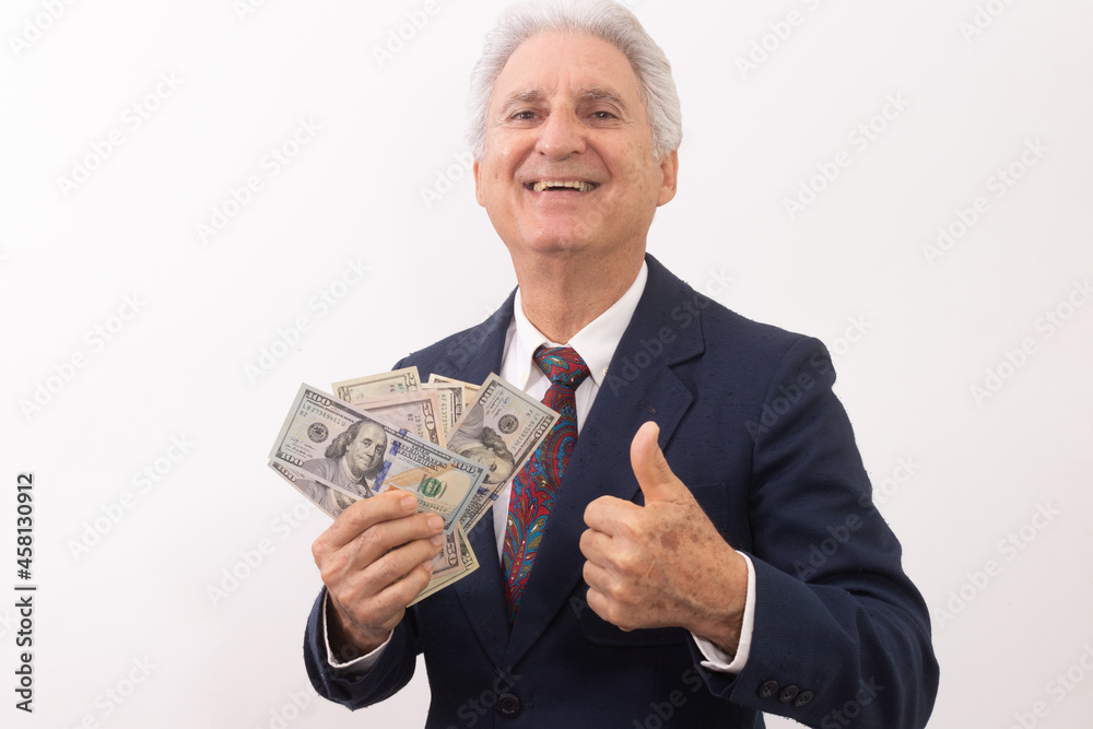 senior man with lots of money, white background senior man with lots of money, white background