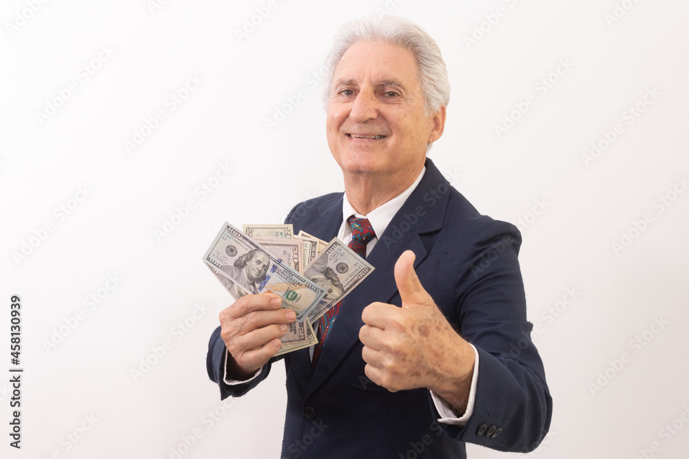 senior man with lots of money, white background senior man with lots of money, white background
