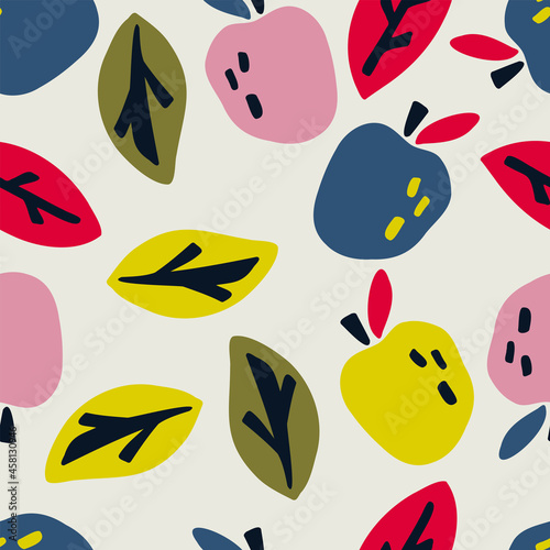 Fall seamless pattern with leaves and apples. Hand drawn vector background in retro color palette.