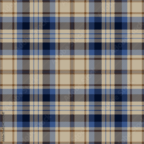 Blue, black and brown tartan plaid. Scottish pattern fabric swatch close-up. 