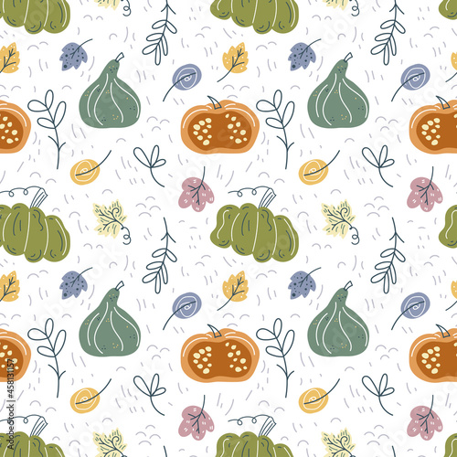 Seamless pattern with hand drawn pumpkin in cartoon style. Flat pastel background of pumpkins, squash with lines and dots. Autumn background for thanksgiving, harvest in scandinavian style