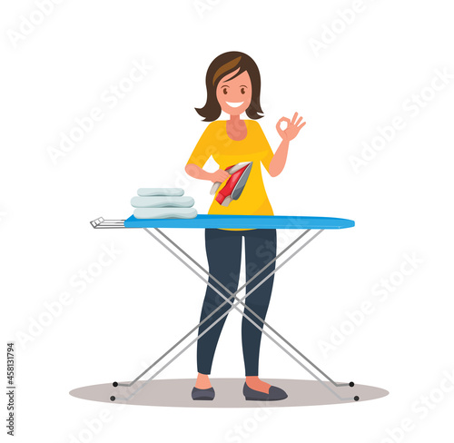 Woman housewife iron clothes on an ironing board. Vector illustration.