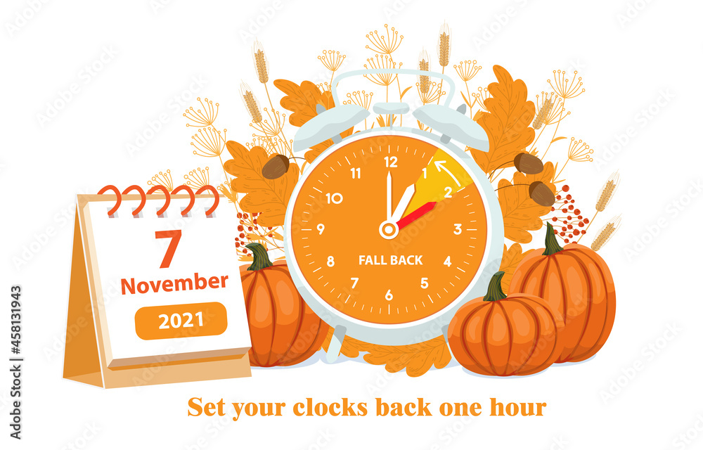 Daylight saving time, 2021 concept. Alarm clock and calendar with the