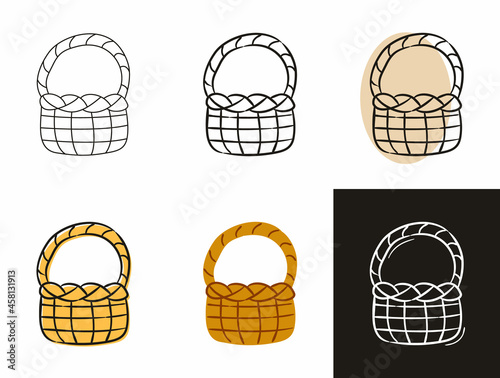 Basket icons set isolated on white background. Wicker pottle isolated. Hand-drawn contour icon in doodle style, flat and chalk on a black board. Vector illustration