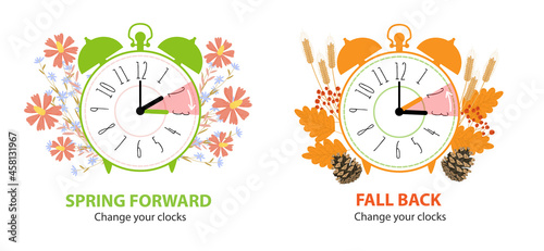 Daylight Saving Time concept. Set of alarm clocks with fall back time and spring forward. Clocks turning to summer and winter time with autumn and spring decoration. Flat vector cartoon illustration.