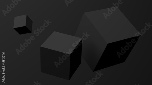 Three black cubes  black background. Abstract monochrome illustration  3d render.