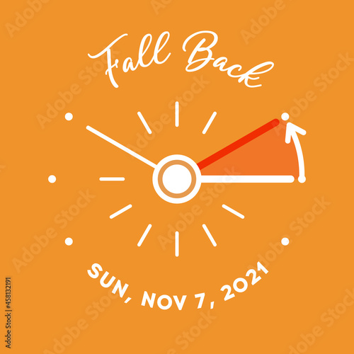Daylight Saving Time ends 2021 banner. Graphic minimalist clock with turning clock hands to winter time. Fall backward concept. Clocks with date of 7 november. Vector illustration