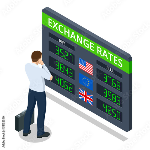 Isometric Bank Information board with different flags and currency for buy or sell. Foreign currency exchange rates. Currency exchange rate on digital LED display board photo