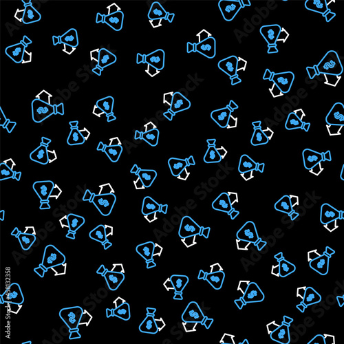 Line Money bag icon isolated seamless pattern on black background. Dollar or USD symbol. Cash Banking currency sign. Vector