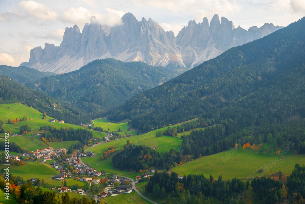 Santa Maddalena is a charming mountain village in the Val di Funes valley with the Odle Mountains in the background, Trentino-Alto Adige, Province of Bolzano, South Tyrol