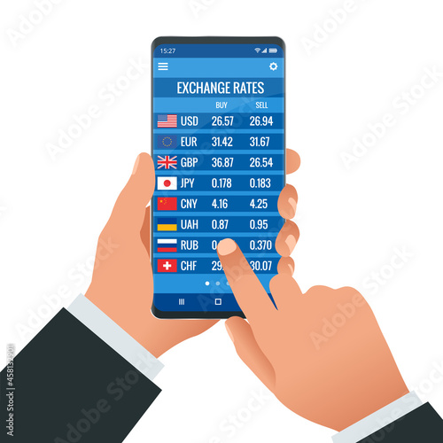 Online bank information board with different flags and currency for buy or sell. Foreign currency exchange rates. Currency exchange rate on digital LED display board