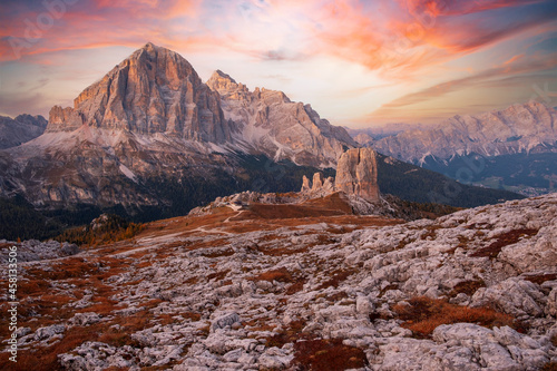 Cinque Torri mountains are the Tofana di rozes mountains, close to the town of Cortina d’Ampezzo, at the Falzarego pass in the province of Belluno at sunset