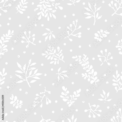 Vector seamless pattern with branches and polka dots with scratched texture. Botanical design for wallpaper, textile, fabric, wrapping paper.
