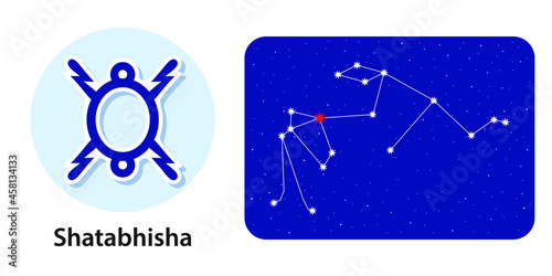 Celestial Symbols and Names. Jyotisha, Vedic or Hindu Astrology. Constellation of Stars in Sky Background. Horoscope. Lunar Mansions. Future Predictions. Shatabhisha  Nakshatra