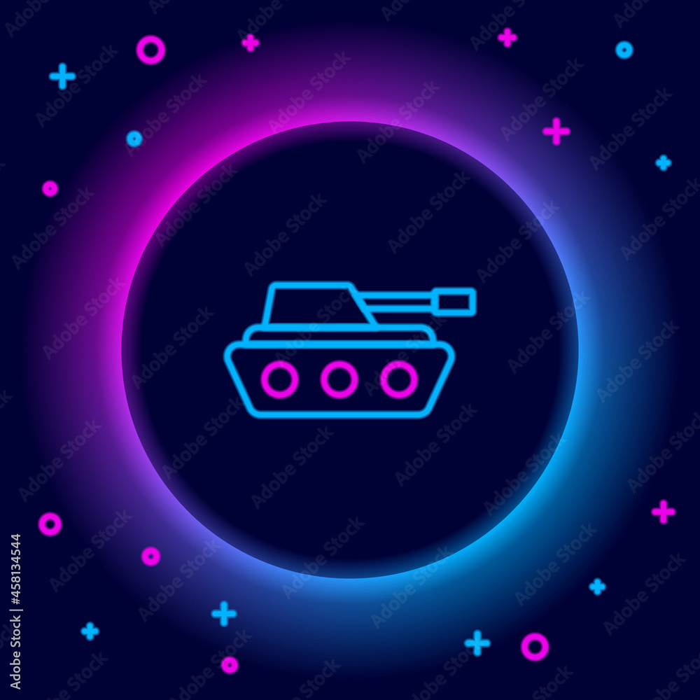 Glowing neon line Military tank icon isolated on black background. Colorful outline concept. Vector Glowing neon line Military tank icon isolated on black background. Colorful outline concept. Vector
