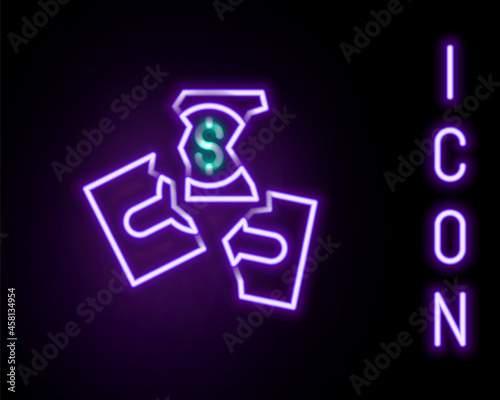 Glowing neon line Tearing apart money banknote into three peaces icon isolated on black background. Colorful outline concept. Vector