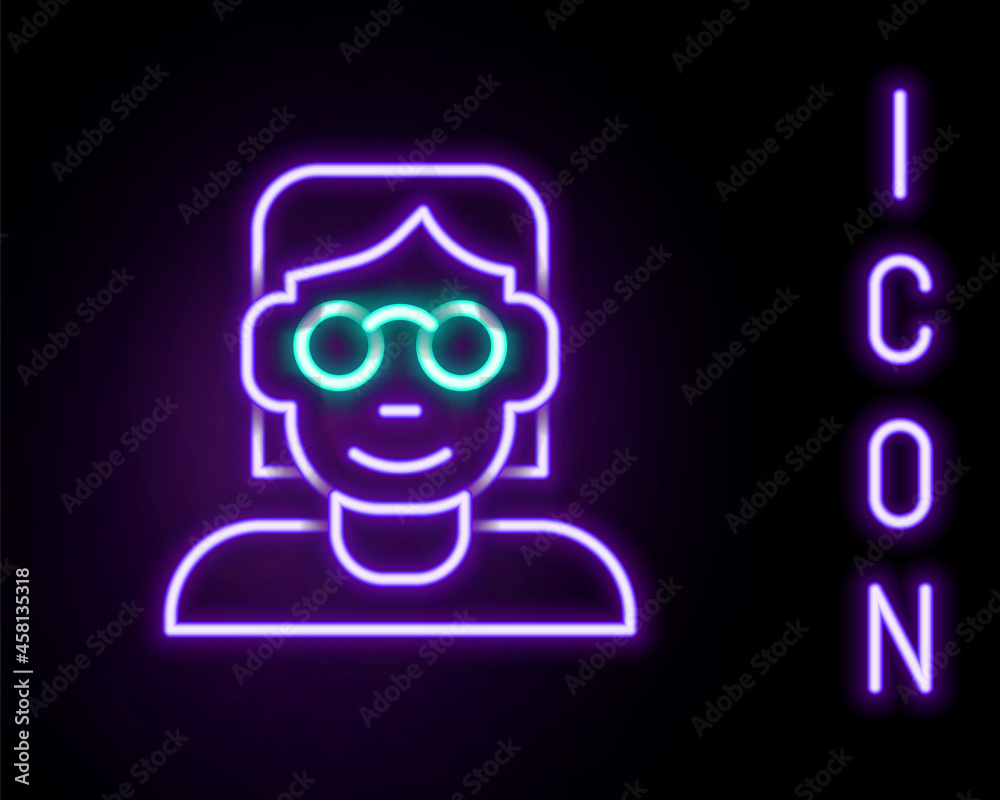 Glowing neon line Hacker or coder icon isolated on black background. Programmer developer working on code, coding, testing, debugging, analysing. Colorful outline concept. Vector