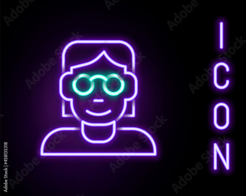 Glowing neon line Hacker or coder icon isolated on black background. Programmer developer working on code, coding, testing, debugging, analysing. Colorful outline concept. Vector