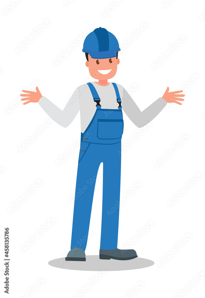 A male construction worker in overalls at the workplace. Vector illustration. A male construction worker in overalls at the workplace. Vector illustration.