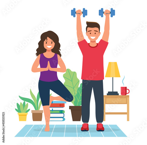 Stay home concept. People doing exercise in cozy modern interior. Vector illustration in flat style