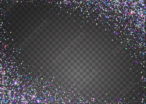 Transparent Confetti. Fantasy Foil. Neon Tinsel. Disco Abstract Decoration. Violet Laser Effect. Bright Art. Hologram Background. Metal Prism. Purple Transparent Confetti