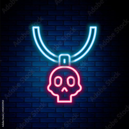 Glowing neon line Necklace amulet icon isolated on brick wall background. Colorful outline concept. Vector