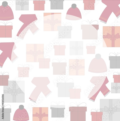 Winter theme background of presents with ribbons, hats and neck scarves with copy space. All red and grey tones on white background. Winter, holidays, seasonal.