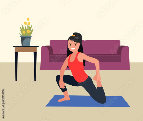 The girl is doing exercises. Sports at home. Vector illustration.