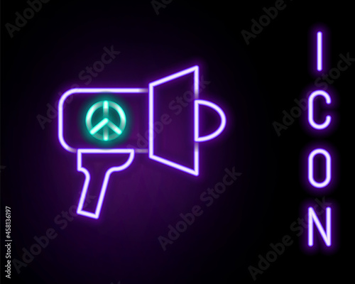 Glowing neon line Megaphone icon isolated on black background. Speaker sign. Colorful outline concept. Vector