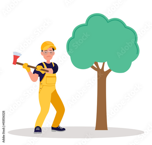 A logger with an axe in the forest, a gardener in the yard is working on cutting down trees for wood and logs.