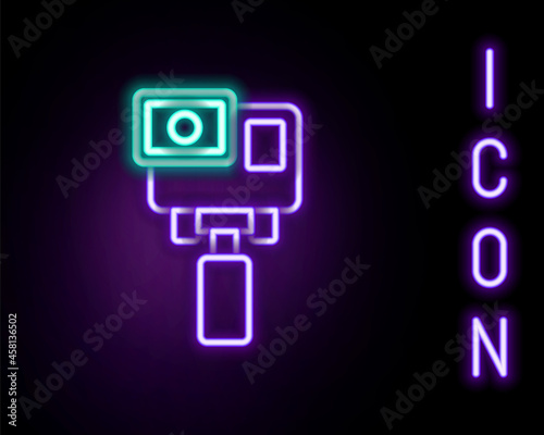 Glowing neon line Action extreme camera icon isolated on black background. Video camera equipment for filming extreme sports. Colorful outline concept. Vector
