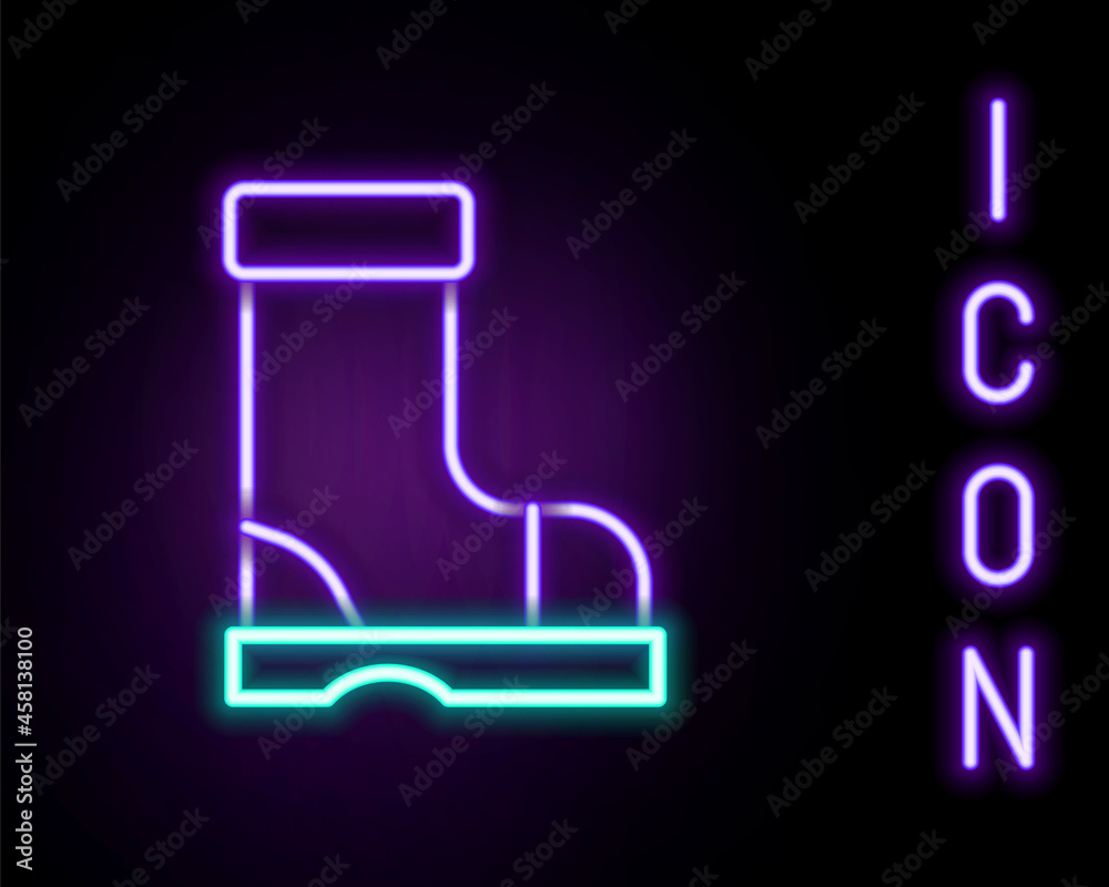 Glowing neon line Waterproof rubber boot icon isolated on black background. Gumboots for rainy weather, fishing, gardening. Colorful outline concept. Vector Glowing neon line Waterproof rubber boot icon isolated on black background. Gumboots for rainy weather, fishing, gardening. Colorful outline concept. Vector