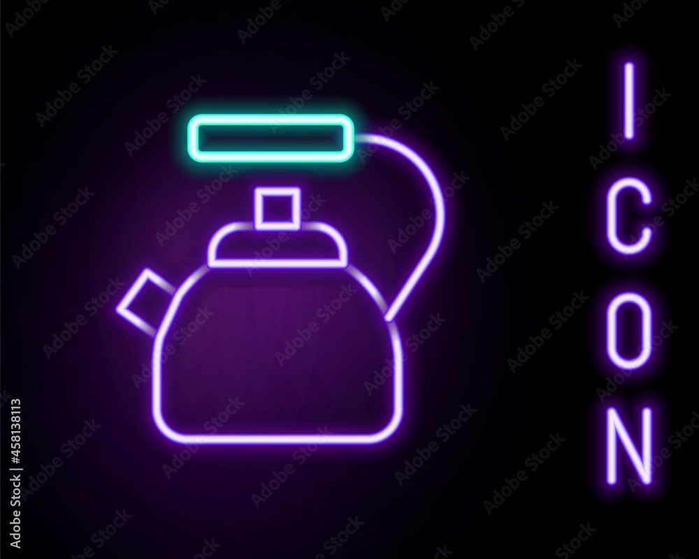 Glowing neon line Kettle with handle icon isolated on black background. Teapot icon. Colorful outline concept. Vector Glowing neon line Kettle with handle icon isolated on black background. Teapot icon. Colorful outline concept. Vector