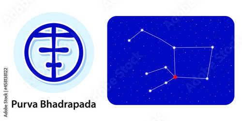 Celestial Symbols and Names. Jyotisha, Vedic or Hindu Astrology. Constellation of Stars in Sky Background. Horoscope. Lunar Mansions. Future Predictions. Purva Bhadrapada  Nakshatra