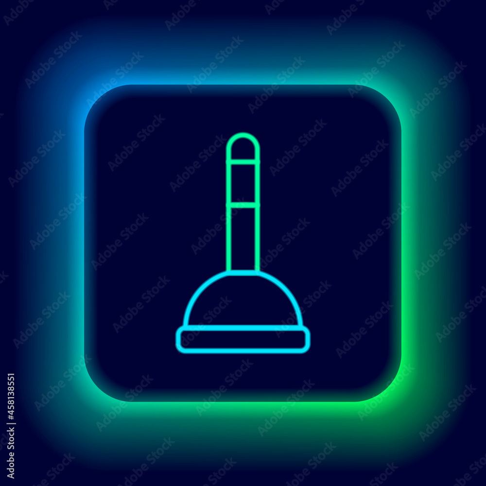 Glowing neon line Rubber plunger with wooden handle for pipe cleaning icon isolated on black background. Toilet plunger. Colorful outline concept. Vector Glowing neon line Rubber plunger with wooden handle for pipe cleaning icon isolated on black background. Toilet plunger. Colorful outline concept. Vector