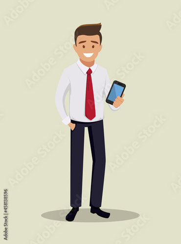 The businessman shows the phone. Vector illustration.