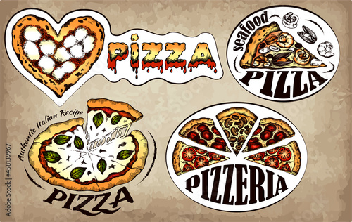 Sketch drawing colorful logo pizza in vintage style. Hand drawn line art italian food, mozzarella, pepperoni, Margherita pizza. Stickers for pizzeria. Retro styled piece of pizza. Vector illustration.