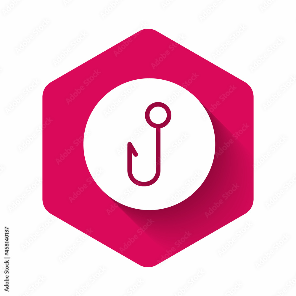 White Fishing hook icon isolated with long shadow. Fishing tackle. Pink hexagon button. Vector White Fishing hook icon isolated with long shadow. Fishing tackle. Pink hexagon button. Vector