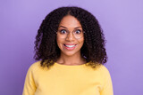 Photo of pretty impressed dark skin girl dressed yellow sweatshirt glasses big eyes smiling isolated purple color background