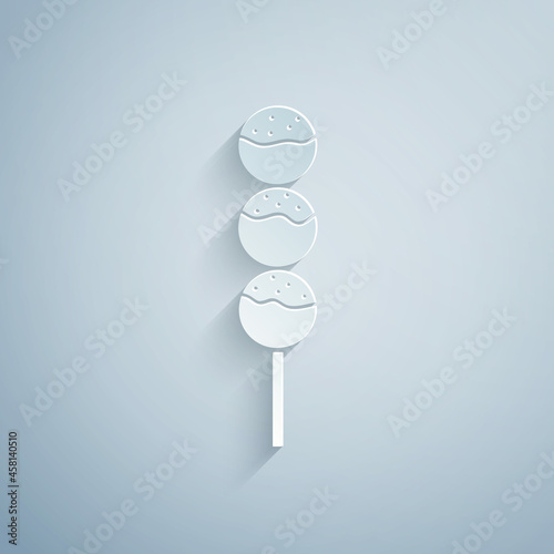 Paper cut Takoyaki on a stick icon isolated on grey background. Japanese street food. Paper art style. Vector.