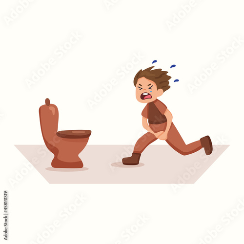 The boy runs to the toilet. Incontinence. Vector illustration in flat style